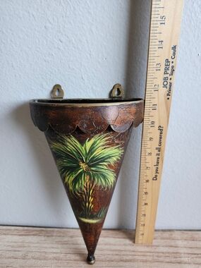 Vintage Three Hands Corp Palm Tree Metal Cone Wall Pocket